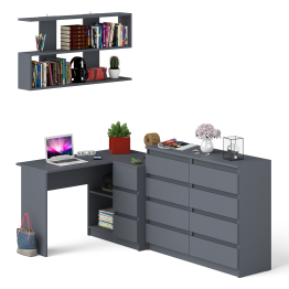 Стол компьютерный угловой с ящиками Мори МС-16 правый с навесной полкой и комодом МК1200.8