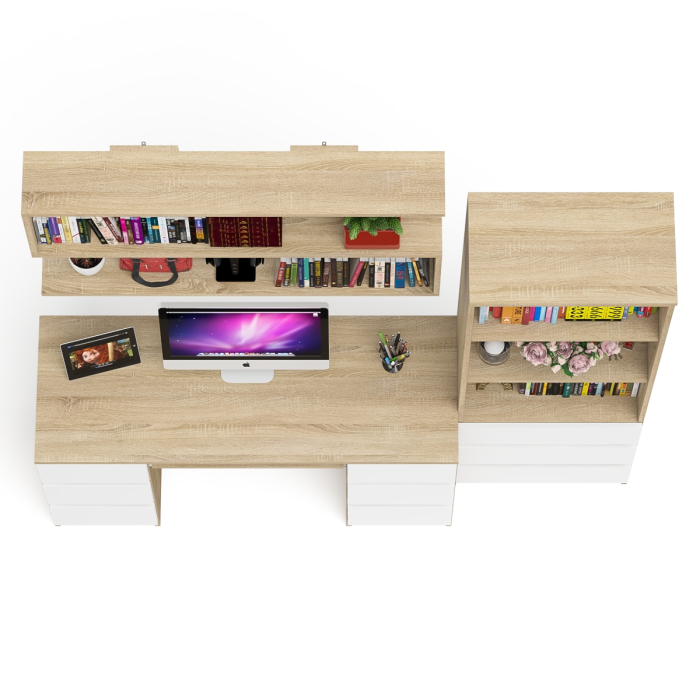 Домашние кабинеты, Рабочее место Мори из стола двухтумбового МС-2 с навесной полкой и стеллажом