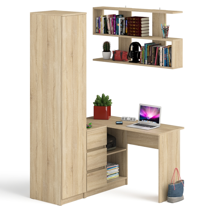Домашние кабинеты, Угловой компьютерный стол с ящиками Мори МС-16 левый с книжной полкой и пеналом с полками