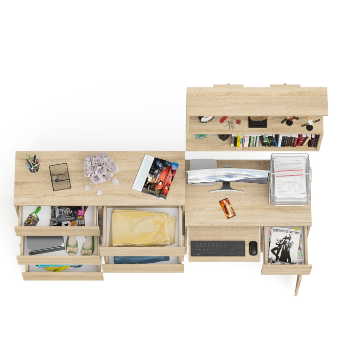 Домашние кабинеты, Большой комод на восемь выдвижных ящиков со столом МС-1 правый и полкой Мори 900