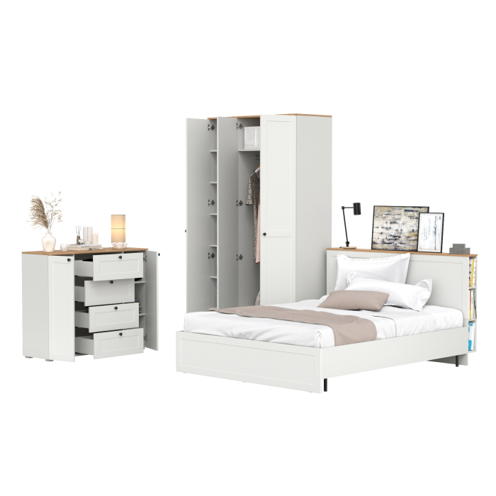 Спальные гарнитуры, Тумба-комод 16.221 Остин со шкафом для одежды 13.336.03 и двуспальной кровати с ортопедом 1600