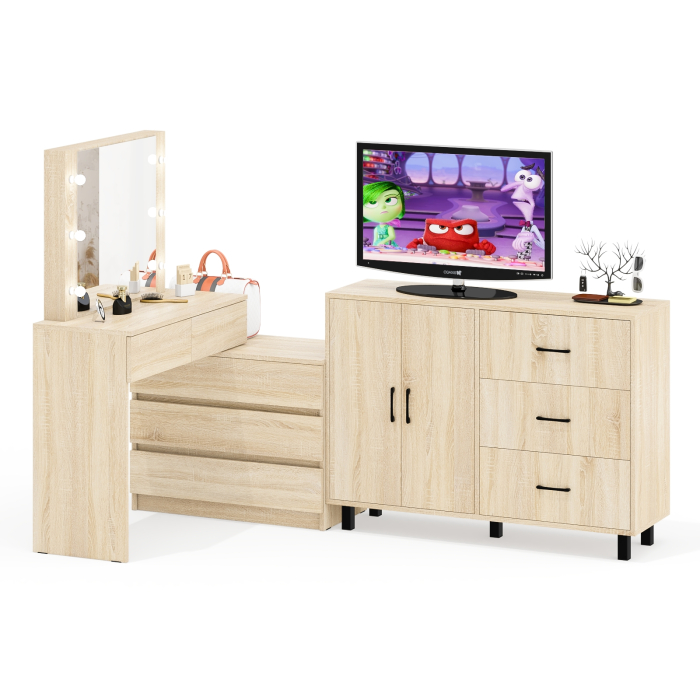 С зеркалом, Стол косметический с подсветкой 110 и тумба-комод с тремя ящиками и дверками 123-1204