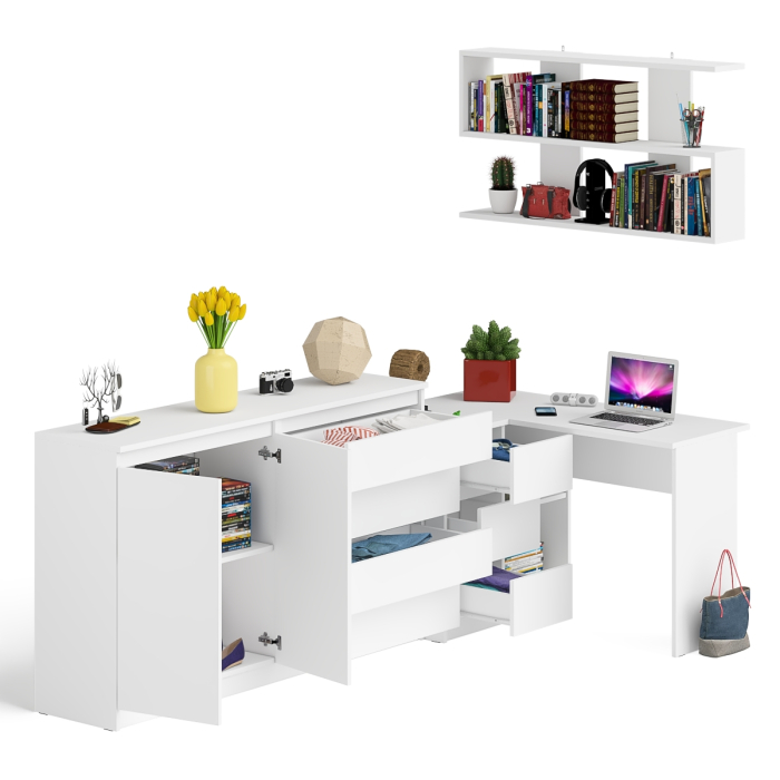 Домашние кабинеты, Угловой компьютерный стол с тремя ящиками Мори МС-16 левый с тумбой-комодом и книжной полкой