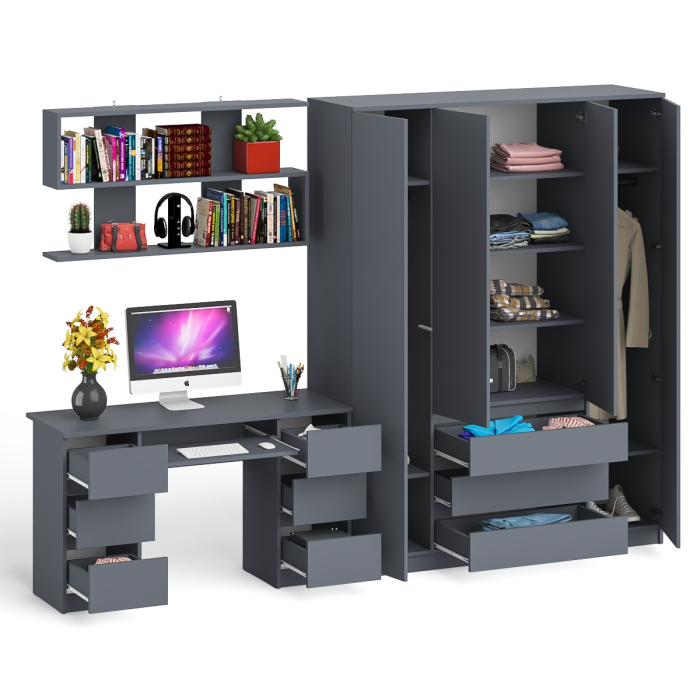 Домашние кабинеты, Большой 4-х дверный шкаф-комод Мори МШ1600.1 и стол с верхней навесной полкой