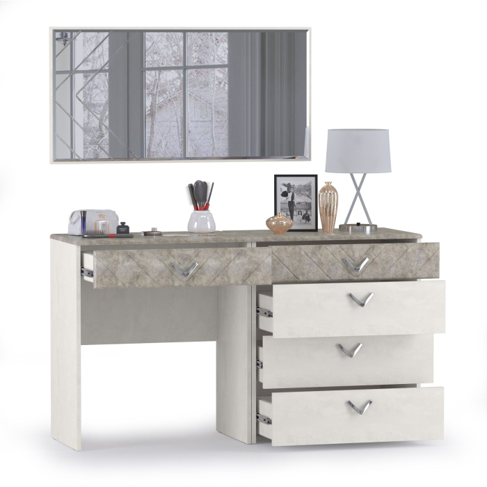 Туалетные столики, Стол туалетный с комодом и зеркалом Амели 13.106+12.48+Зерк шёлковый камень/бетон чикаго беж