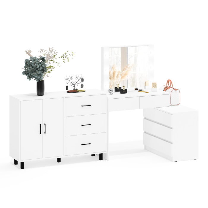 С зеркалом, Стол косметический с подсветкой 110 и тумба-комод с тремя ящиками и дверками 123-1204