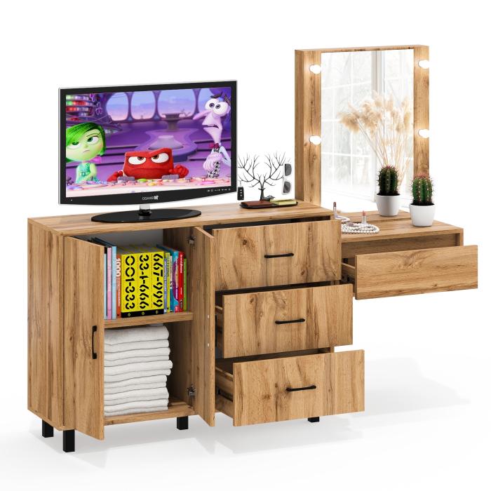 С зеркалом, Стол косметический навесной с подсветкой и тумба-комод 123-1204.