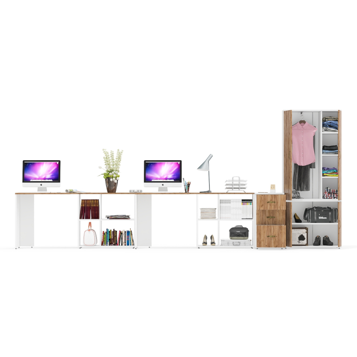 Домашние кабинеты, Два стола-трансформера с тумбой на три ящика и бельевым шкафом Лидер-8