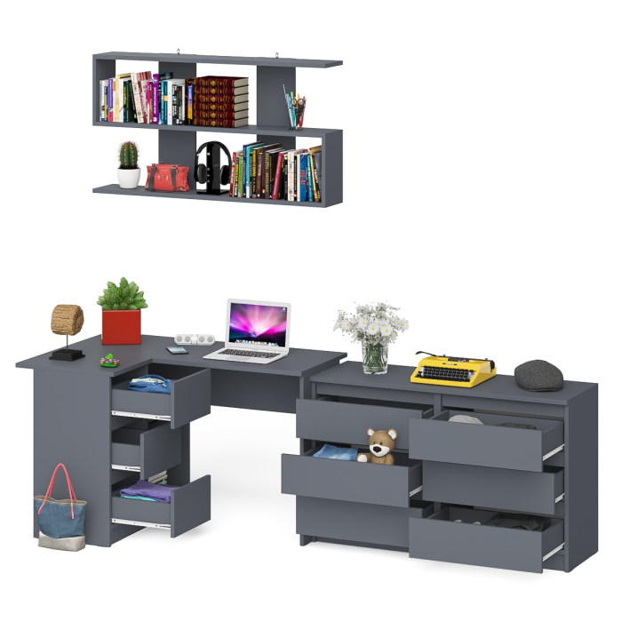 Домашние кабинеты, Стол компьютерный угловой МС-16 левый Мори с полкой для книг и широким комодом