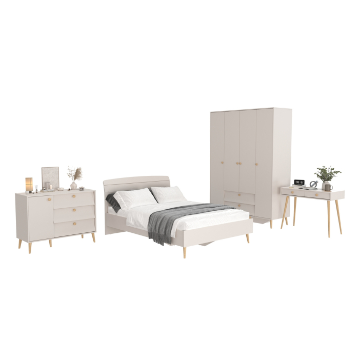 Спальные гарнитуры, Столик на ножках с кроватью Афина 1400 со шкафом 4-ре двери и комодом с ящиками