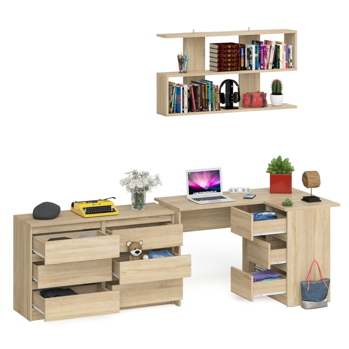 Домашние кабинеты, Стол угловой компьютерный Мори МС-16 правый с книжной полкой и комодом на шесть ящиков