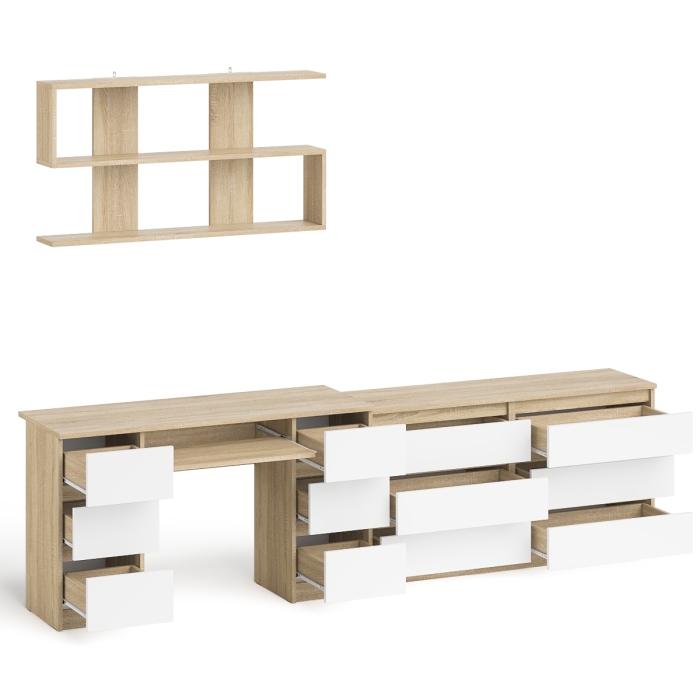 Домашние кабинеты, Стол компьютерный ящики слева и справа Мори МС-2 с комодом и полкой навесной