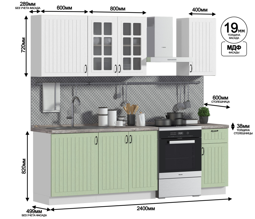 Кухонные гарнитуры, Кухня Регина Белый/МДФ Дуб Белый, Шервуд 1,8-2,4 м