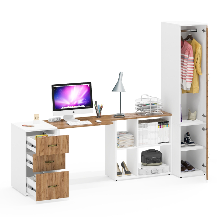 Домашние кабинеты, Шкаф платяной узкий Лидер-8 23Б со столом компьютерным и тумбочкой три ящика