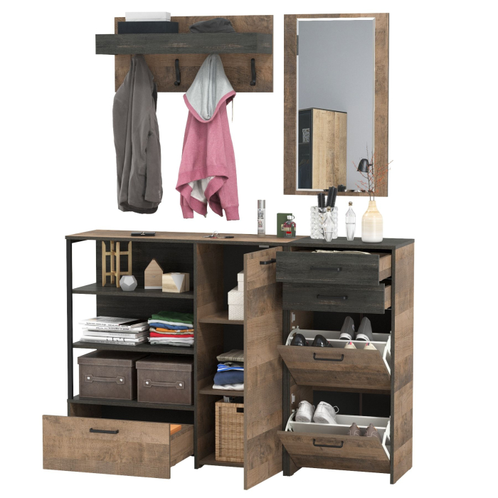 Прихожие, Комод с дверкой с высокой тумбой для обуви с зеркалом и вешалкой Трувор