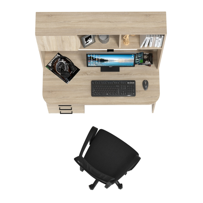 Прямые компьютерные столы, Стол компьютерный с надстройкой Сигма и компьютерное кресло чёрное