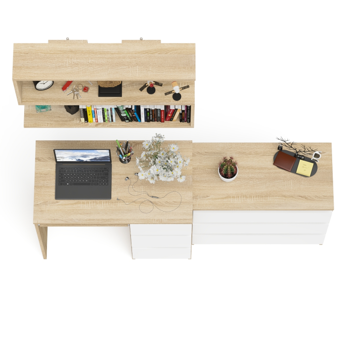 Прямые компьютерные столы, Стол компьютерный Мори МС-6 правый с навсеной полкой сверху и комодом на три ящика