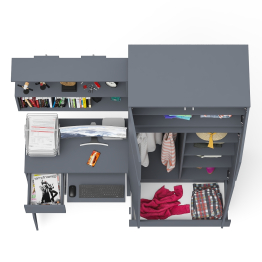 Стол однотумбовый Мори МС-1 левый с полкой навесной и комодом-шкафом с антресолью