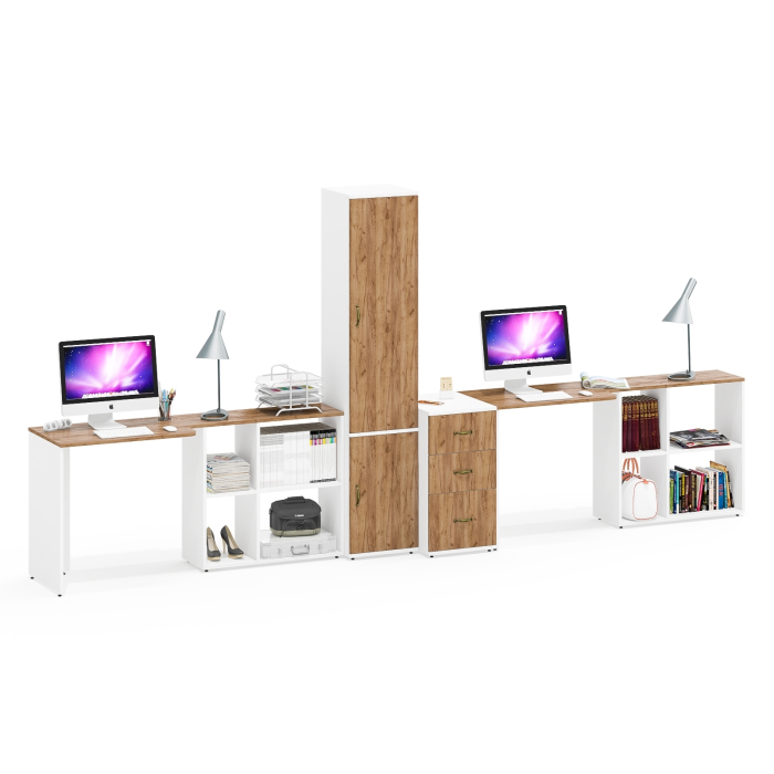 Домашние кабинеты, Узкий шкаф для белья и для хранения Лидер-8 с двумя рабочими столами и тумбой для бумаг