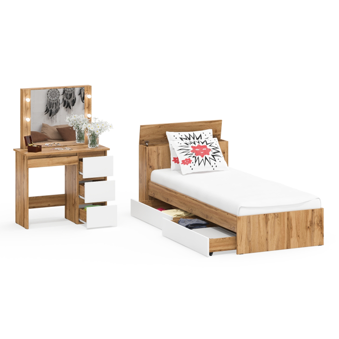 Спальные гарнитуры, Кровать с ящиками Ксения 900 и столик косметический с подсветкой Сура