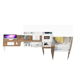 Настенная полка для книг Лидер-8 с рабочим столом с нишей с тумбочкой 3.15 и шкафом 19Б