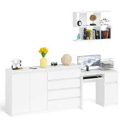 Тумба-комод с дверками и ящиками на 1600 со столом с тумбой и ящиком справа и навсеной полкой Мори