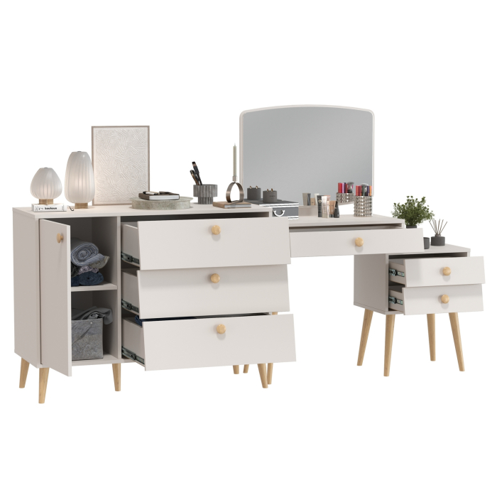 С зеркалом, Трюмо с зеркалом на ножках Афина и комод с дверкой и тремя ящиками на ножках