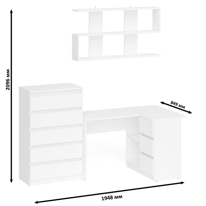 Домашние кабинеты, Комод Мори МК700.5 со столом компьютерным угловым МС-16 правым и открытой полкой 1200
