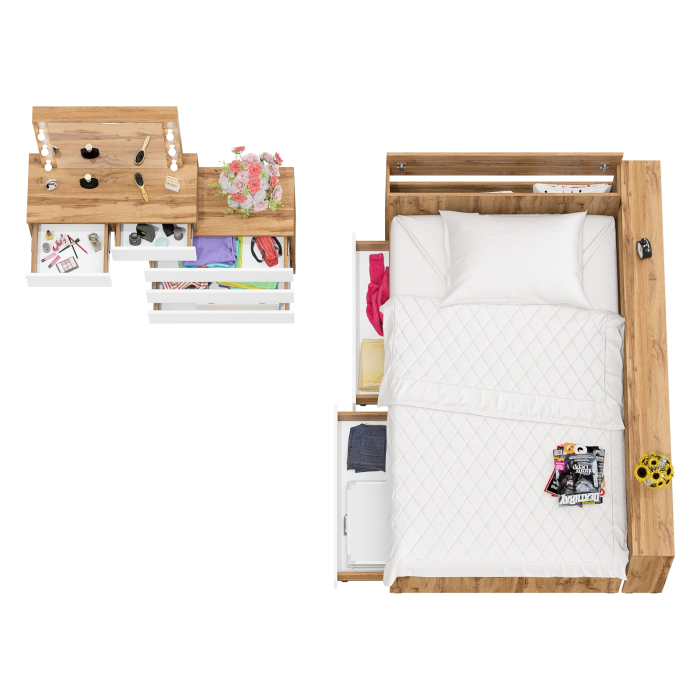 Спальные гарнитуры, Туалетный столик для спальни с подсветкой 110 и Ксения кровать 1200 с ящиками и прикроватный блок