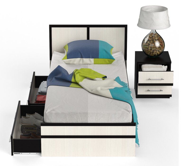 Спальные гарнитуры, Кровать с ящиками Сакура 900 с прикроватной тумбой