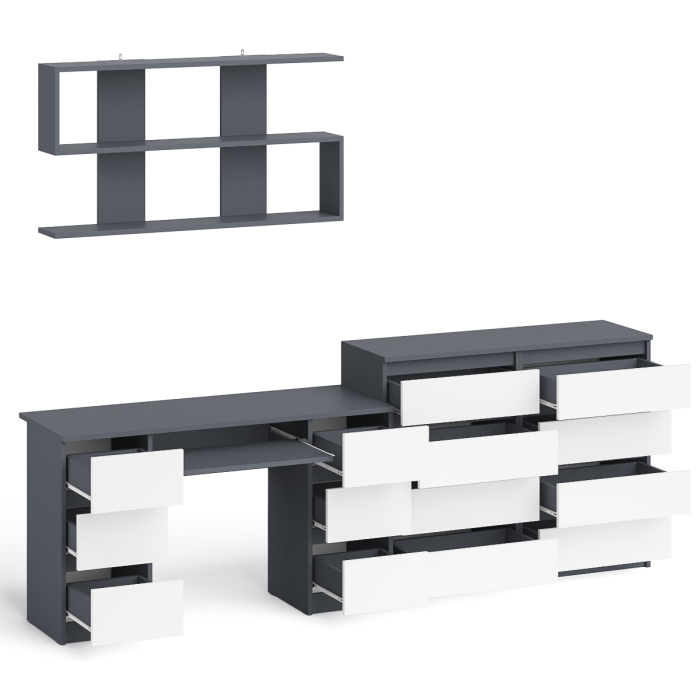 Домашние кабинеты, Полка Мори 1200 с письменным столом Мори МС-2 и комодом на восемь ящиков