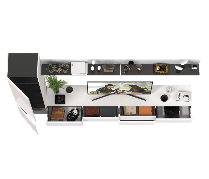 Стенки для гостиной, Две ТВ-тумбы с двумя навесными полочками и шкафом с полками Сидней