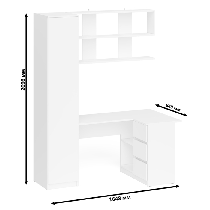 Домашние кабинеты, Стол угловой компьютерный Мори МС-16 правый с пеналом с полками и навесной открытой полкой 1200