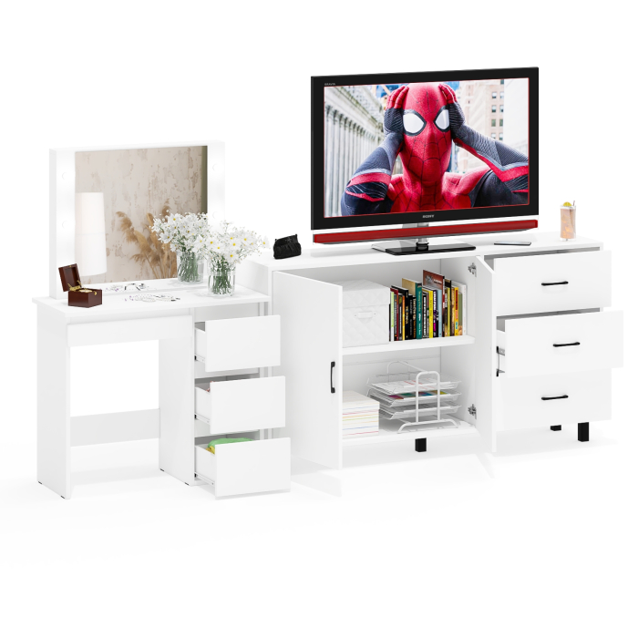 С зеркалом, Косметический столик Сура с зеркалом и подсветкой и с тумбой-комодом 123-1604