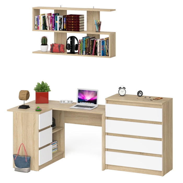 Домашние кабинеты, Стол компьютерный Мори МС-16 с тремя ящиками слева с книжной полкой на 1200 и комод на 4-ре ящика