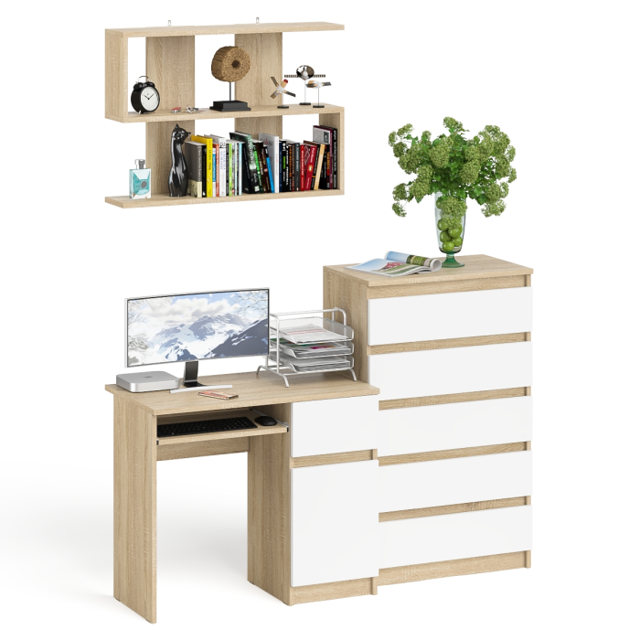 Домашние кабинеты, Стол компьютерный Мори МС-1 правый с высоким комодом на пять ящиков и навесной полкой