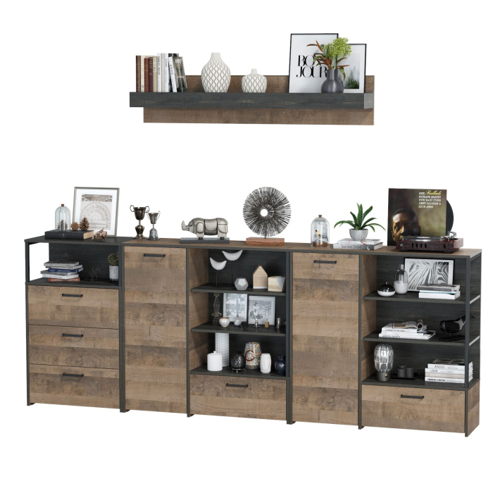 Стенки для гостиной, Два комода с дверкой и ящиком с навесной полкой и комодом с тремя ящикамиТрувор