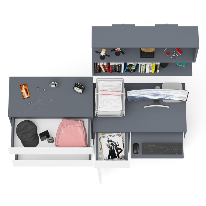 Прямые компьютерные столы, Комод четыре ящика Мори 800-4 со столом компьютерным с тумбой слева и полкой 900