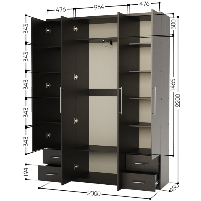 Для одежды, Шкаф четырехдверный Мелодия МКЯ2-43 200х45