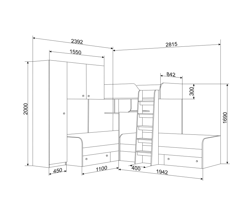 Для подростков, Кровать двухъярусная Трио/1 Дуб молочный