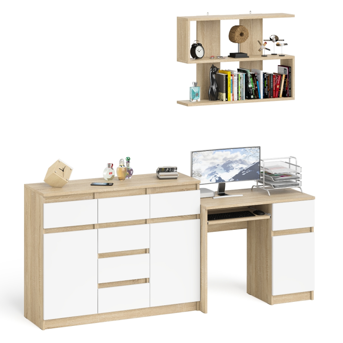 Домашние кабинеты, Тумба-комод Мори МК1200.4 с компьютерным столом МС-1 правый и открытой навесной полкой