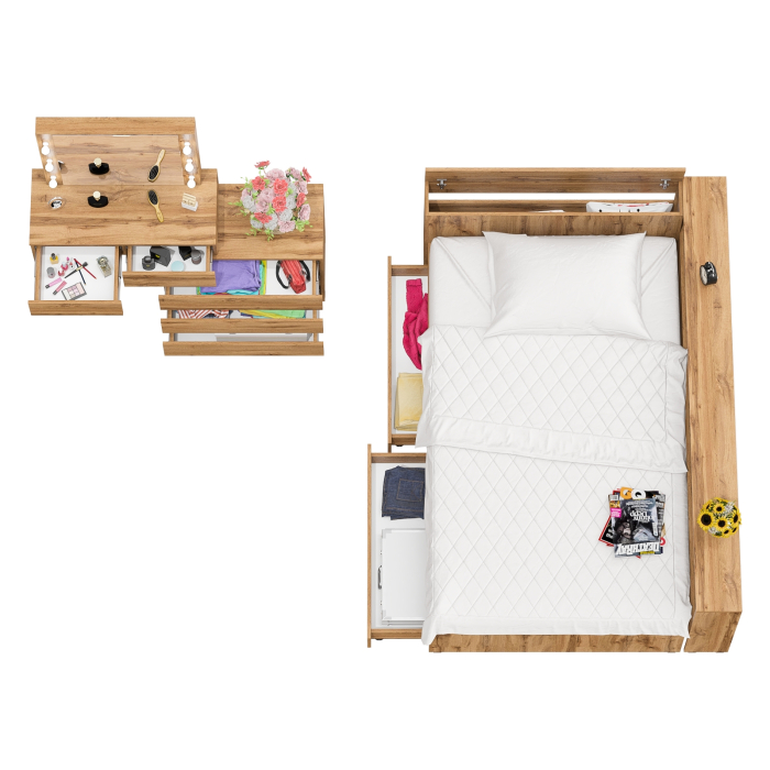 Спальные гарнитуры, Туалетный столик для спальни с подсветкой 110 и Ксения кровать 1200 с ящиками и прикроватный блок