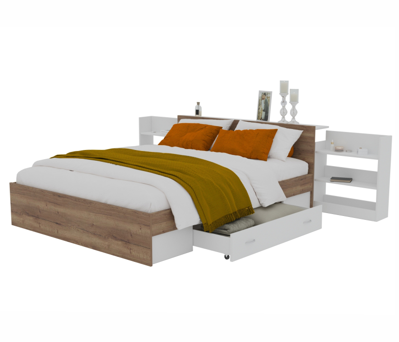 Двуспальные, Кровать Доминика с блоком и ящиком 140 (Дуб Золотой) с матрасом АСТРА