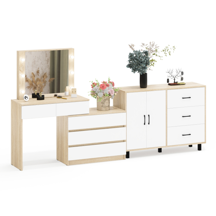 С зеркалом, Стол косметический с подсветкой 110 и тумба-комод с тремя ящиками и дверками 123-1204