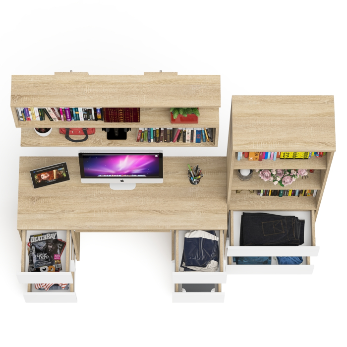 Домашние кабинеты, Рабочее место Мори из стола двухтумбового МС-2 с навесной полкой и стеллажом