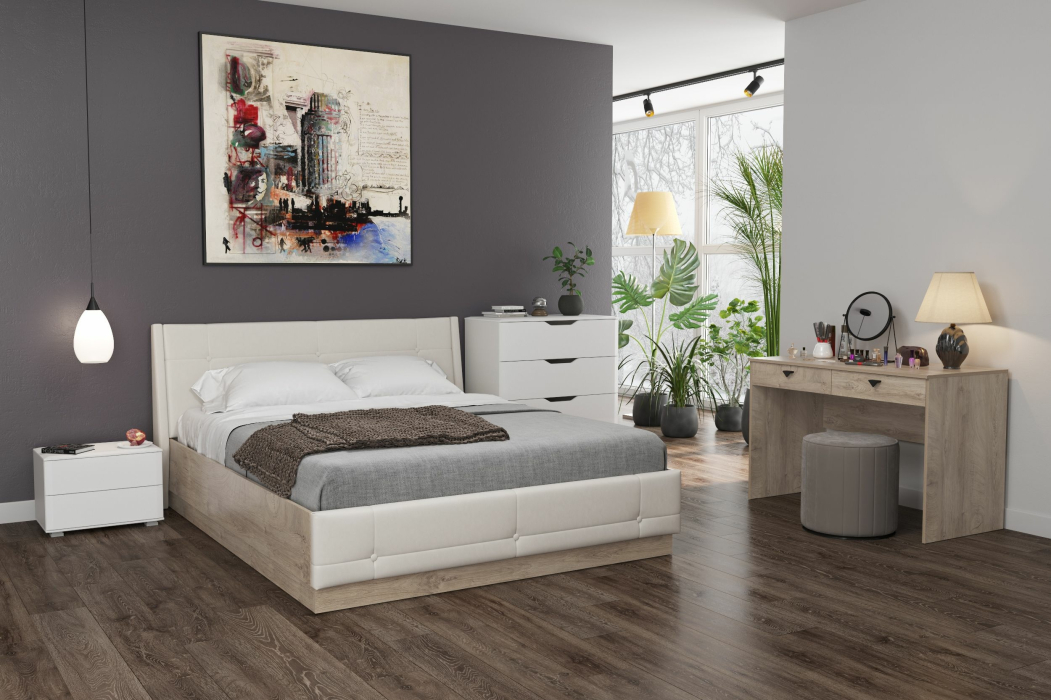 Двуспальные, Кровать Муссон 11.28ПОД с подъёмным основанием дуб эндгрейн/иск.кожа белая