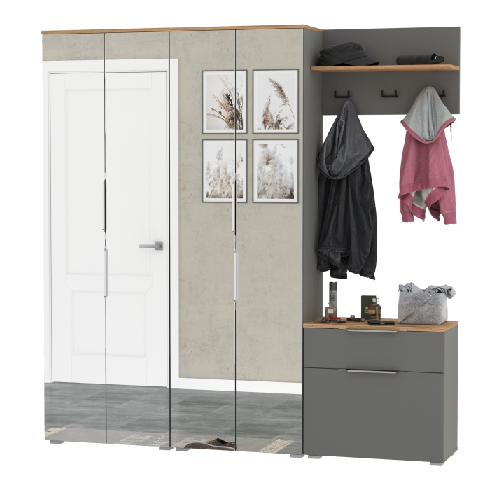 Прихожие, Два шкафа для одежды с зеркалами и обувницей с вешалкой с полкой Октава