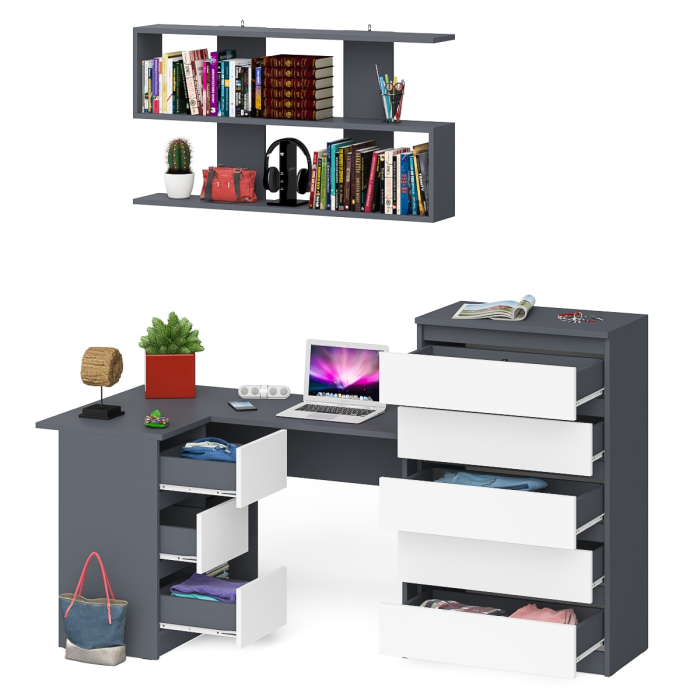 Домашние кабинеты, Угловой компьютерный стол Мори МС-16 левый с навесной полкой и высоким комодом на 5-ть ящиков