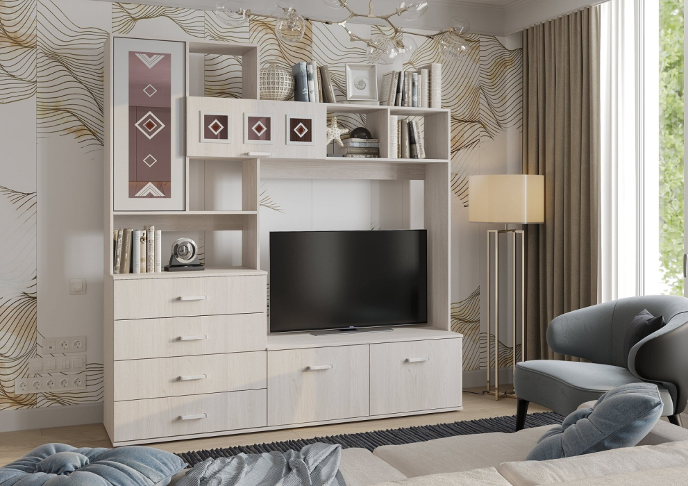 Стенки для гостиной, Центральная секция Белла, ясень белый