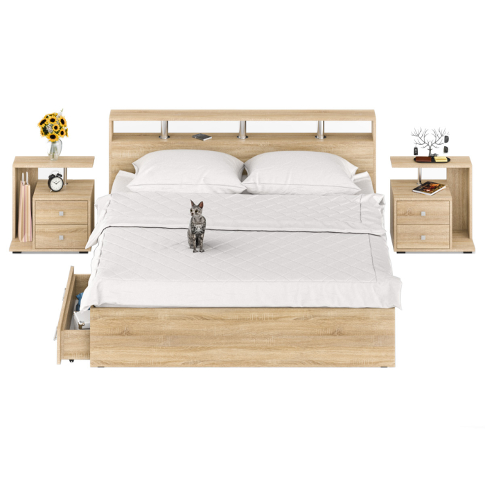 Спальные гарнитуры, Кровать с ящиками Камелия 1800 с двумя прикроватными тумбами